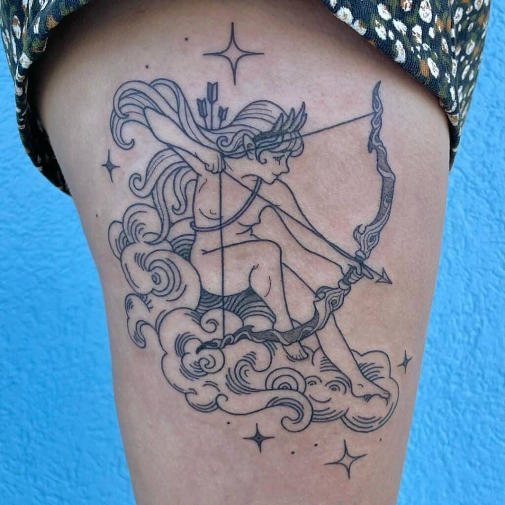 20. Ein Schütze-Tattoo auf dem Oberschenkel