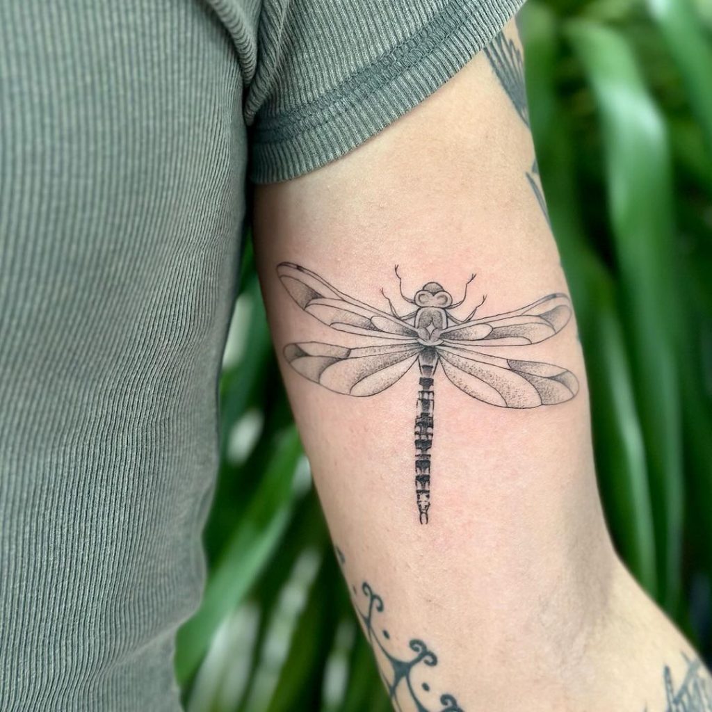 Eine Tätowierung einer Libelle auf der Innenseite des Arms