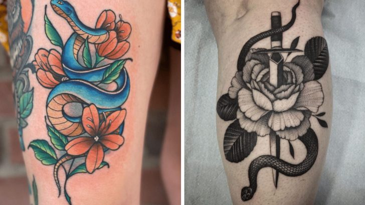 Eine Ode an Ihre Tapferkeit: 24 Schlange mit Blumen Tattoo Designs