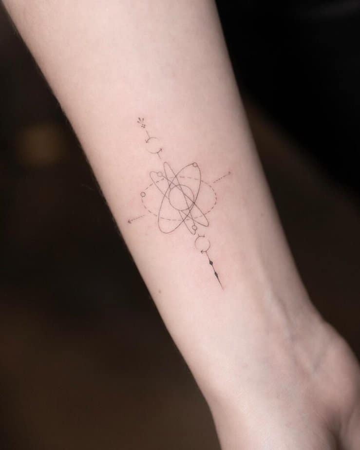 3. Ein feinliniges Atom-Tattoo am Handgelenk
