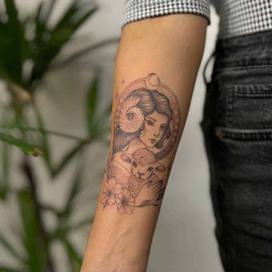 7. Ein zartes und detailliertes Widder-Tattoo auf dem Unterarm