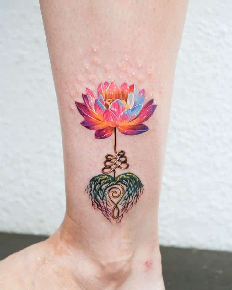 18. Bunte Unalome und Lotus-Tattoo über dem Knöchel