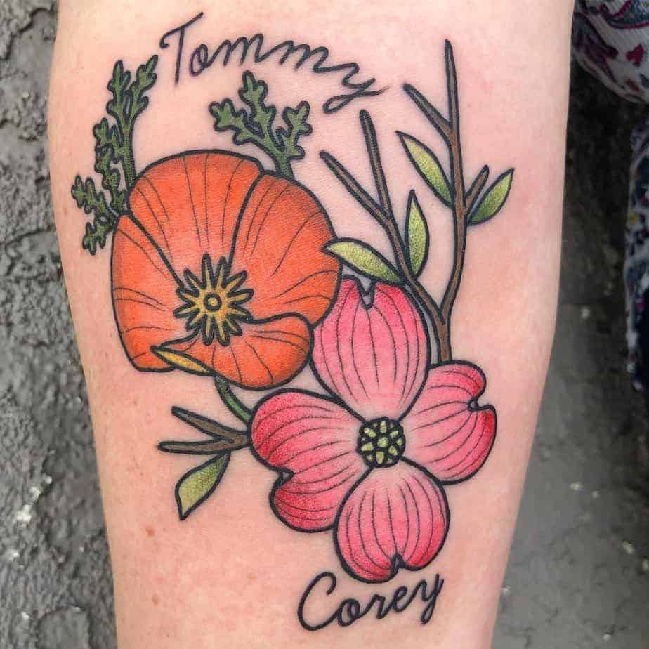 17. Mohn- und Hartriegelblumen-Tattoo